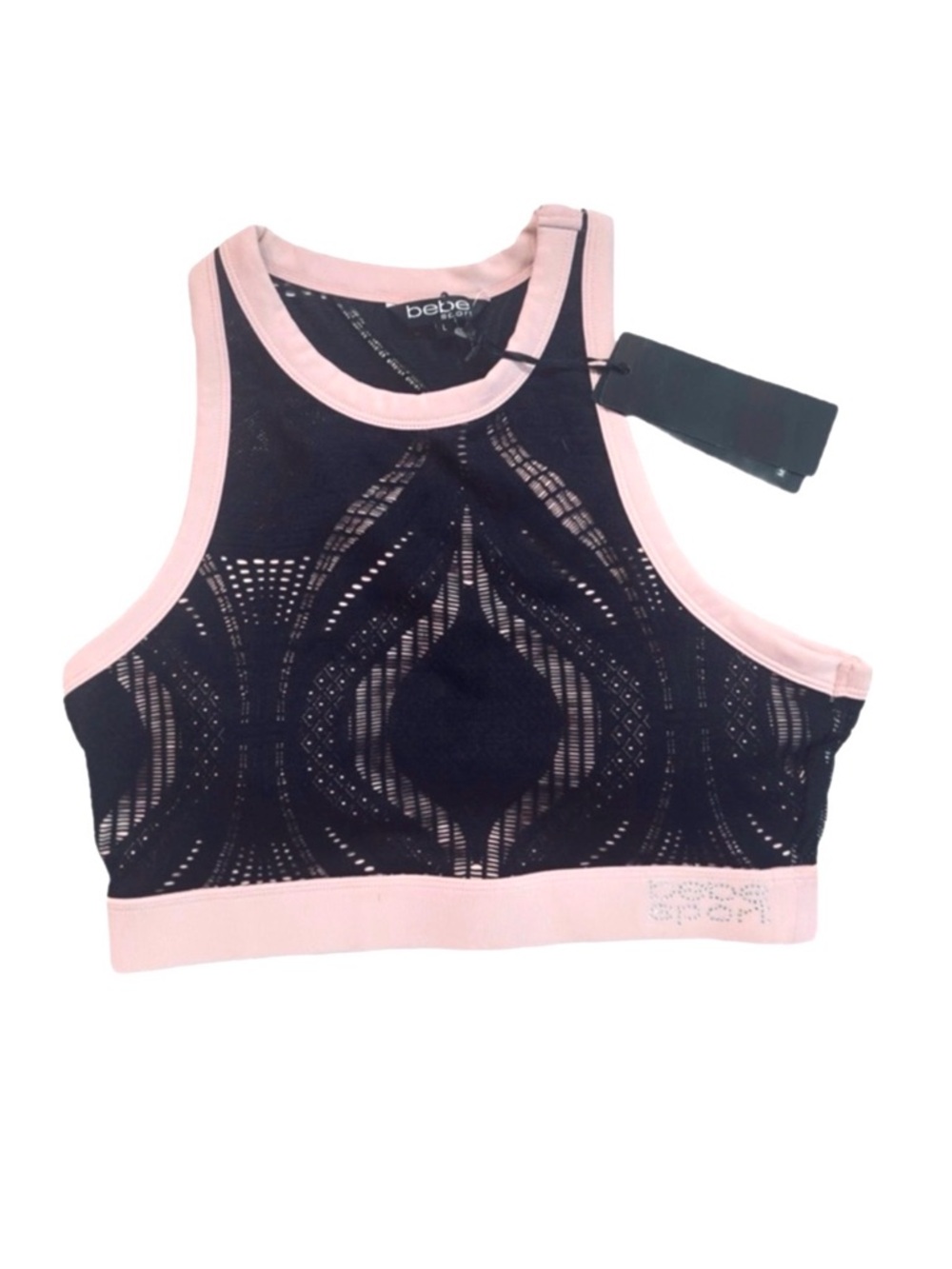 BEBE ~ Black and Pink High-Neck Cut Out Design Sports Bra size L